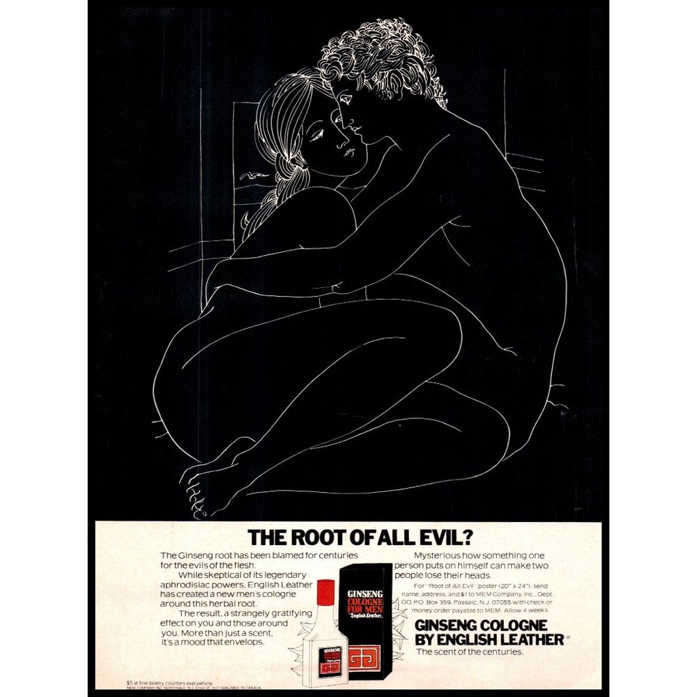 1977 Ginseng Cologne by English Leather Vintage Print Ad Couple Cuddling Cartoon